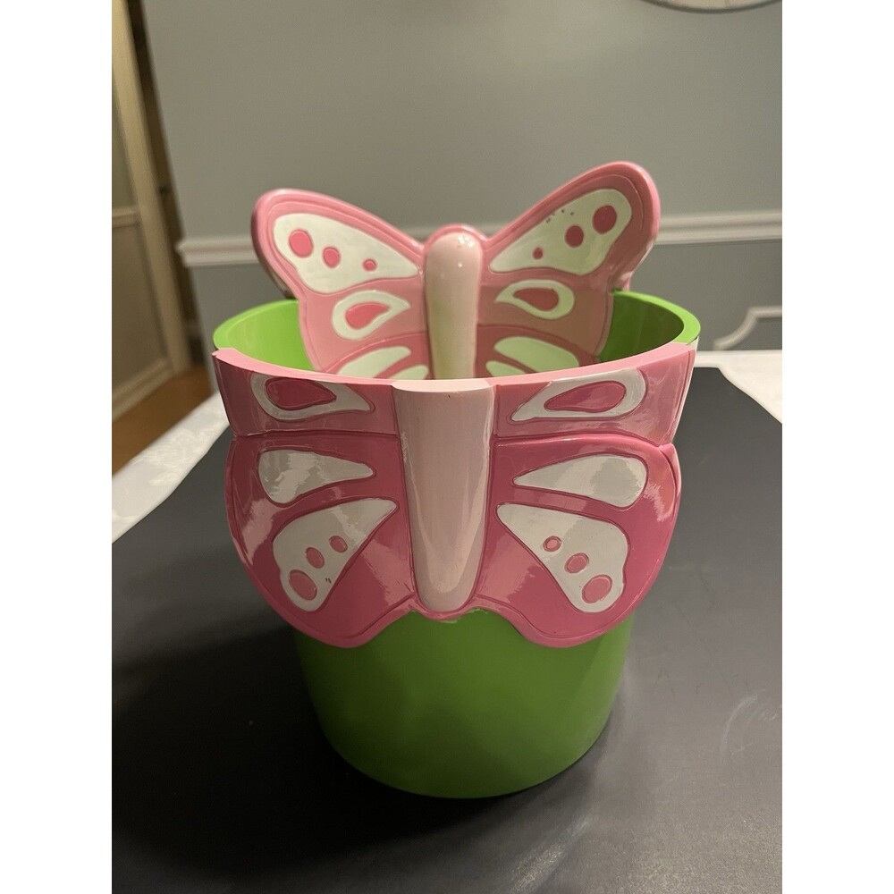 Pottery Barn Green Pink Butterfly Waste Paper Basket Trash Can Toy Bucket